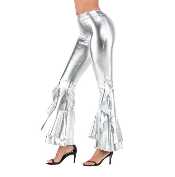 King Mcgreen Star Sexy PU Metallic Pants Shiny Holographic Flare Pants Women Girls Elastic Waist Bell Bottom Trousers Clubwear