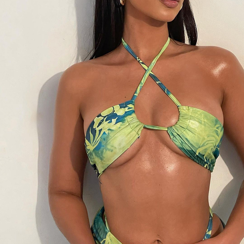 2022 Sexy Green Print Swimsuit 3 piece Mesh Bikini Set Triangle Micro Bikini String Halter Swimwear Women Low Waist Bathing Suit