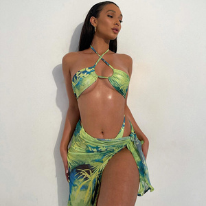 2022 Sexy Green Print Swimsuit 3 piece Mesh Bikini Set Triangle Micro Bikini String Halter Swimwear Women Low Waist Bathing Suit