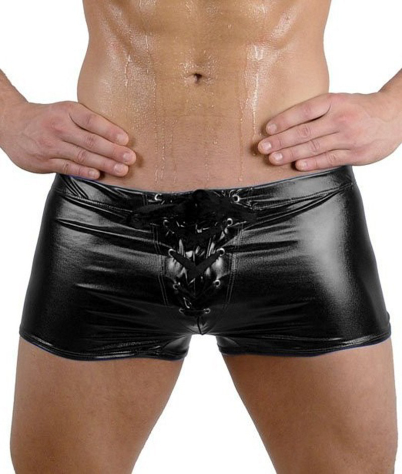 King Mcgreen Star Sexy Men Boxer  Lingerie Wet Look Leather PVC Club Patent Leather Underwear Boxers Shorts Plus Size S-3XL