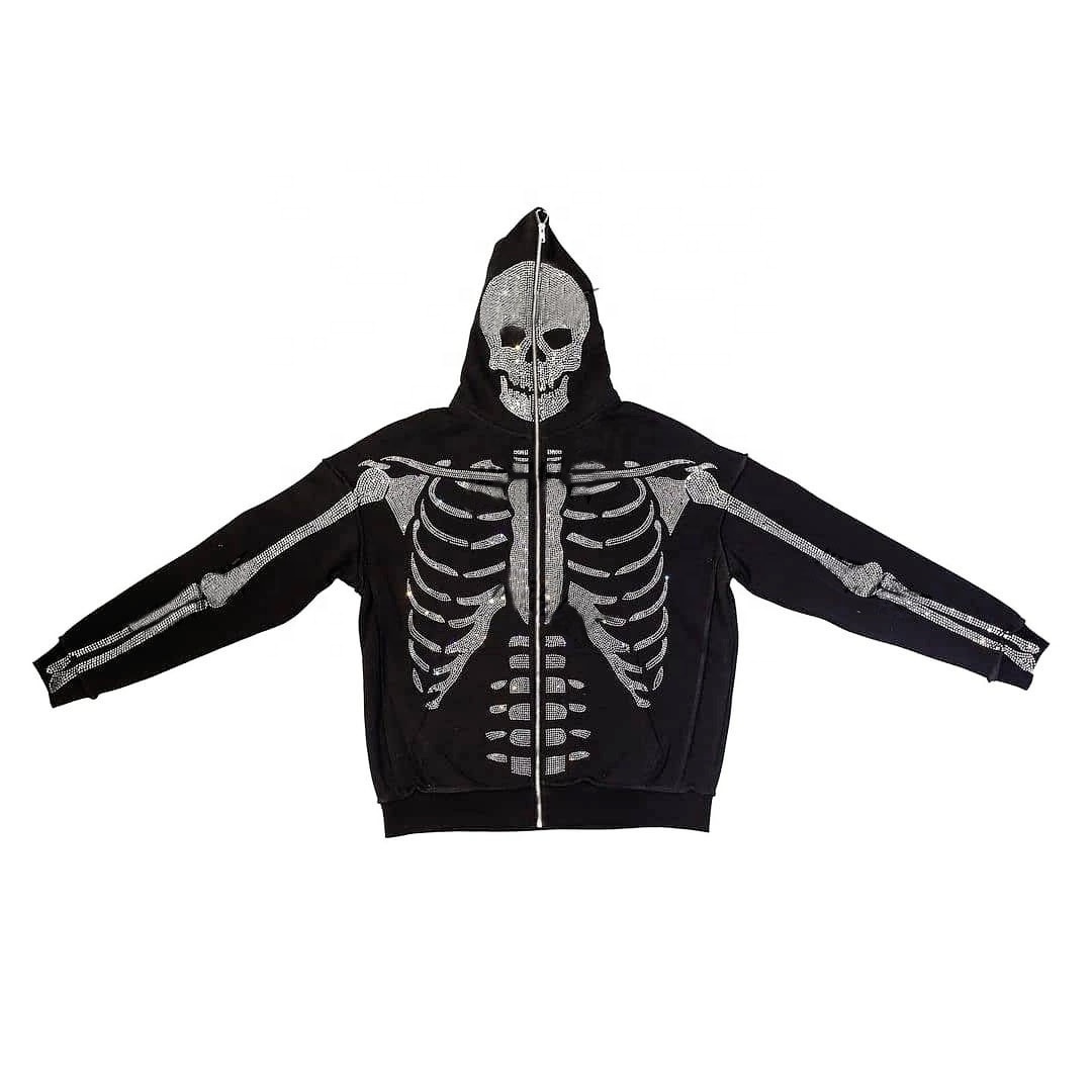 New Y2K Fashion Street Autumn Hoodie Jacket Skull Rhinestone Zip Hoodie