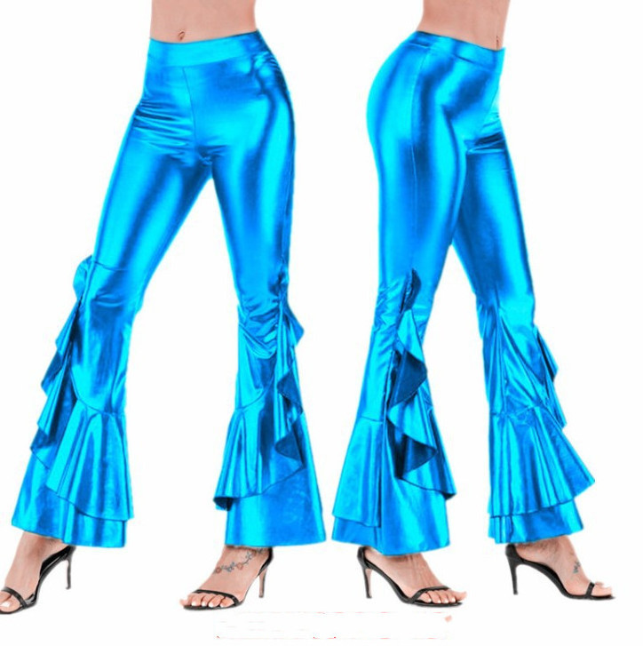 King Mcgreen Star Sexy PU Metallic Pants Shiny Holographic Flare Pants Women Girls Elastic Waist Bell Bottom Trousers Clubwear