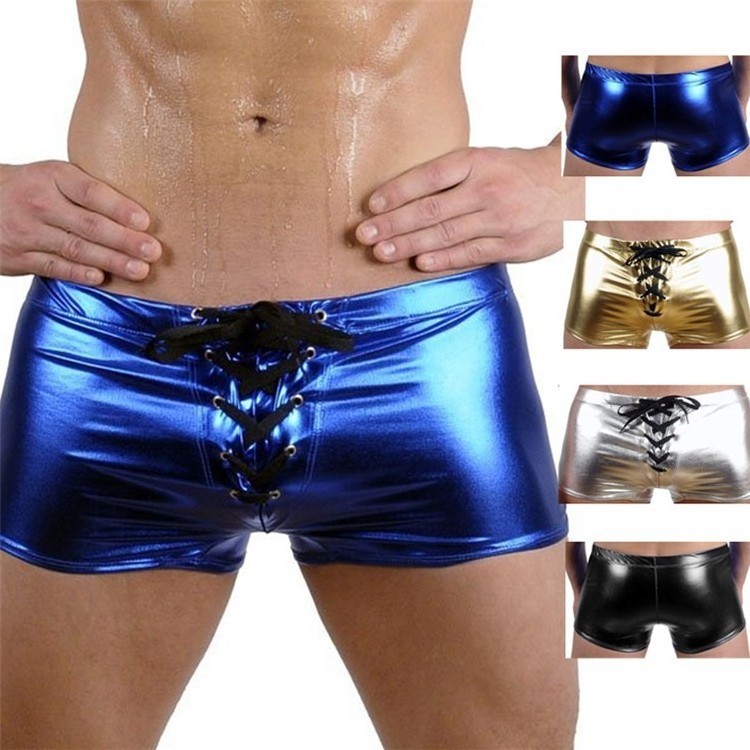 King Mcgreen Star Sexy Men Boxer  Lingerie Wet Look Leather PVC Club Patent Leather Underwear Boxers Shorts Plus Size S-3XL