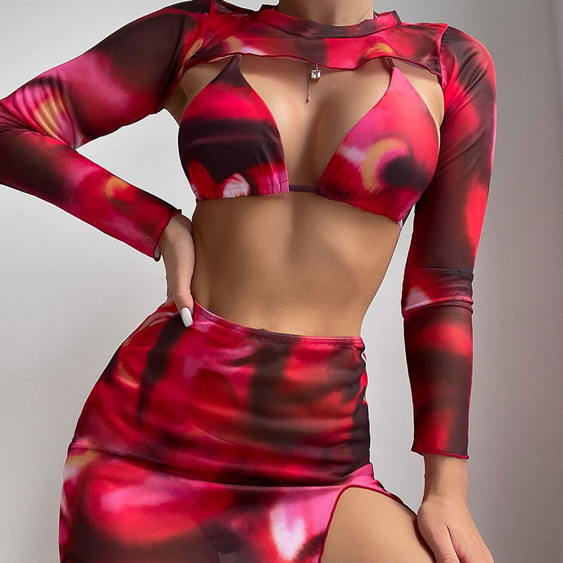 King Mcgreen Star Sexy Tie Dye Bikini Set Women Long Sleeve Cover Up with Skirt 3 Piece Swimsuit Beach Bathing Suit Swimwear