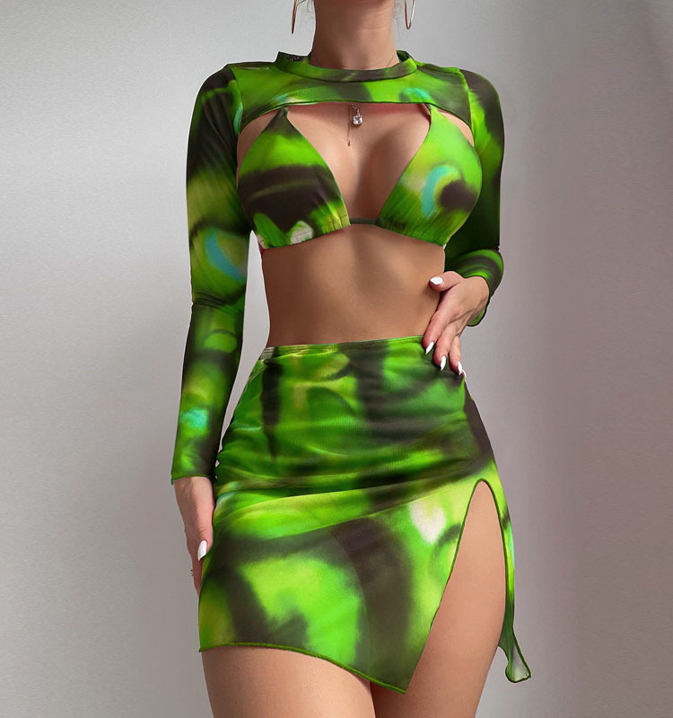 King Mcgreen Star Sexy Tie Dye Bikini Set Women Long Sleeve Cover Up with Skirt 3 Piece Swimsuit Beach Bathing Suit Swimwear