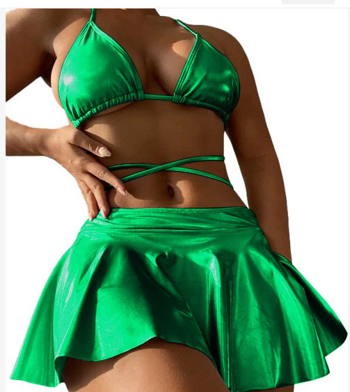 King Mcgreen star Women Clothing Solid Color sequin Halter bra Top and mini skirt sexy bikini 3 piece set for women Swimwear