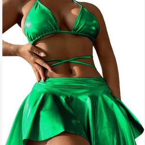 King Mcgreen star Women Clothing Solid Color sequin Halter bra Top and mini skirt sexy bikini 3 piece set for women Swimwear