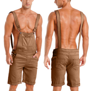 King Mcgreen Star Men Vintage  Overalls Solid Color Jumpsuit With Pockets Summer New Casual Suspenders Short Pants