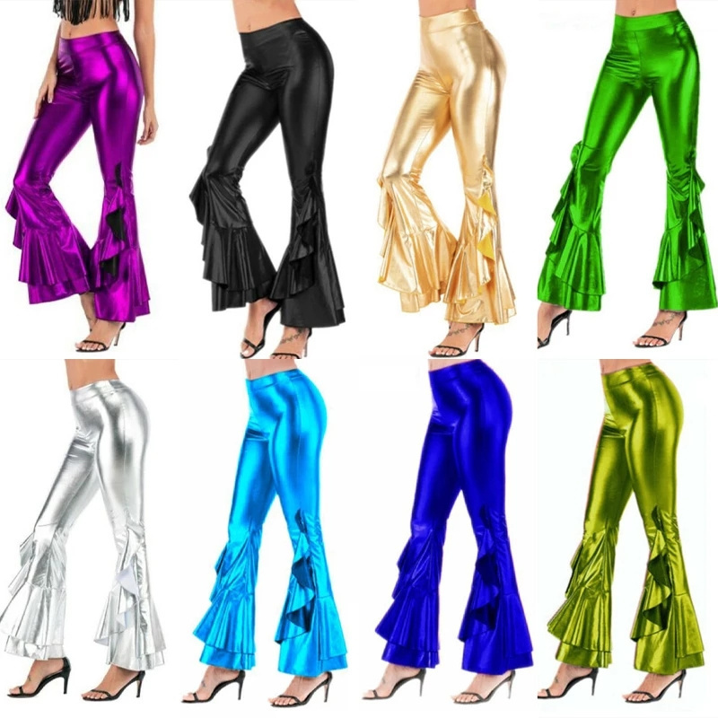 King Mcgreen Star Sexy PU Metallic Pants Shiny Holographic Flare Pants Women Girls Elastic Waist Bell Bottom Trousers Clubwear