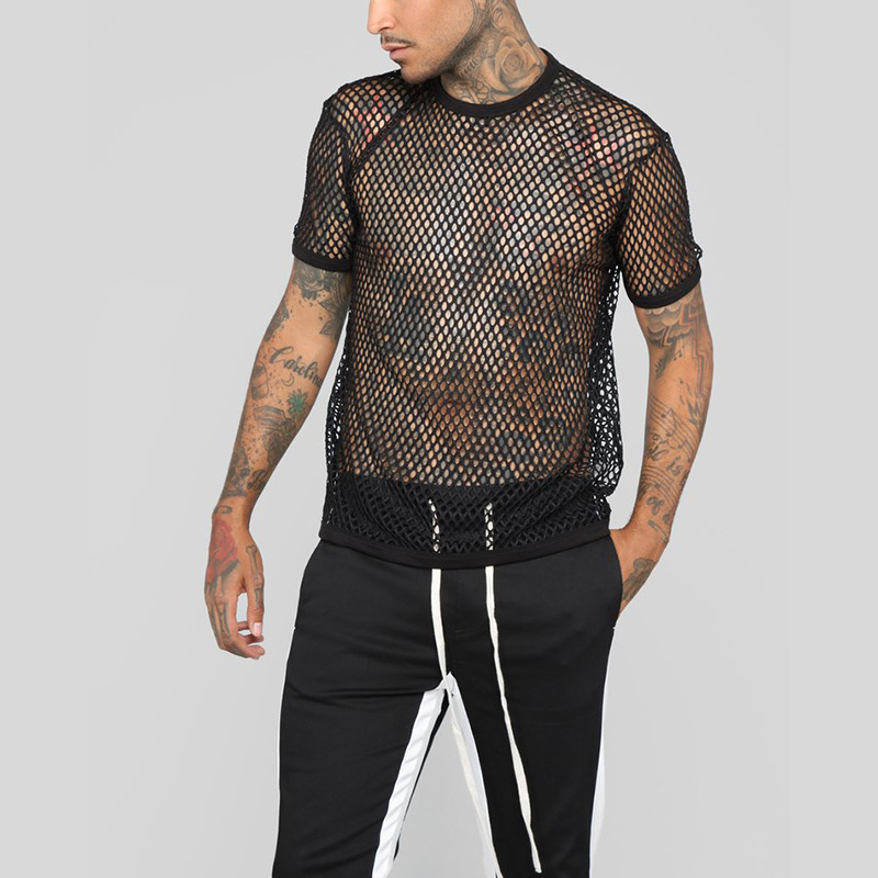 King Mcgreen Star Clubwear Hollow Out Color Fishnet Block Round Neck Short Sleeves See-through Loose Breathable Men Party Shirt