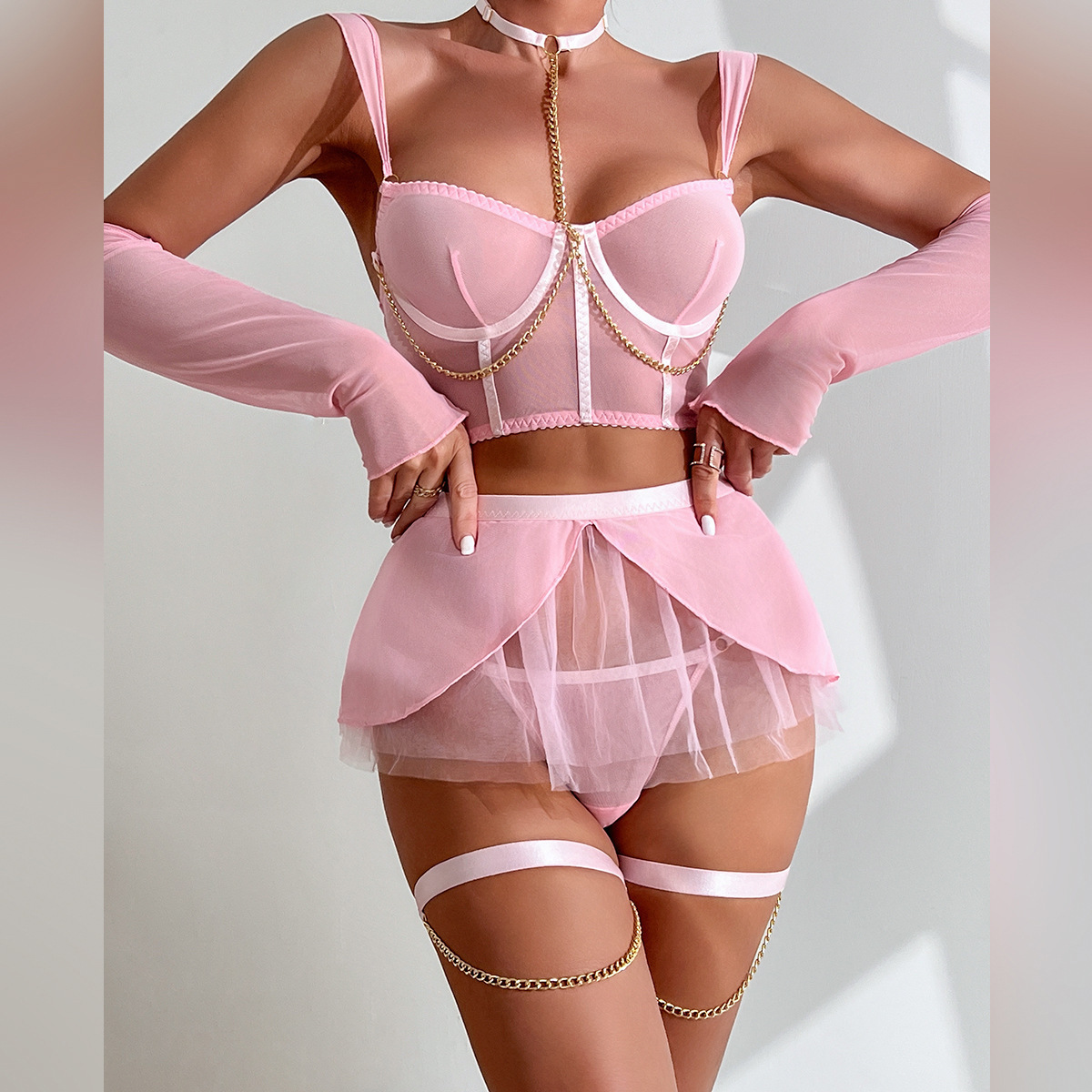 King Mcgreen Star Sexy Women Lingerie Pure Lust Girl Cute See-Through Mesh Skirt With Chain Halter Gloves 4 Pieces Suit