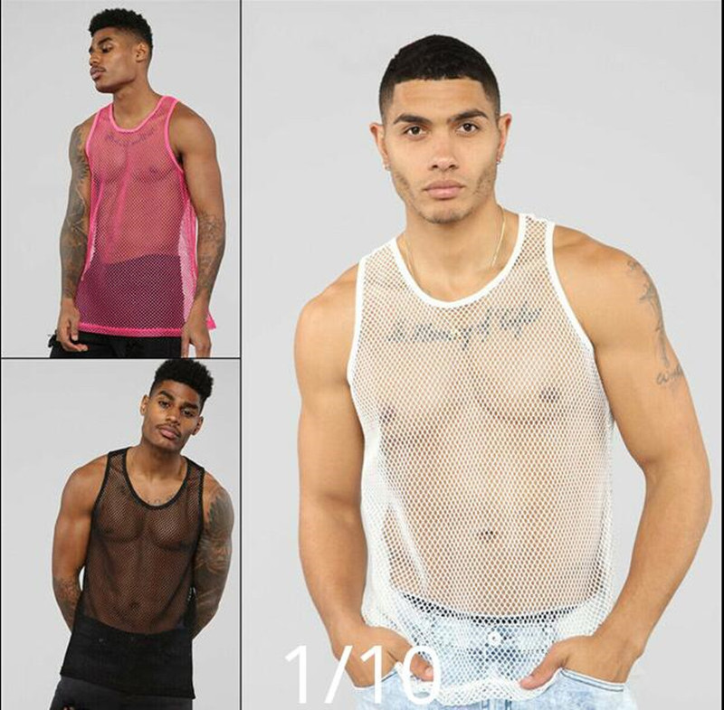 Men Mesh T Shirt See Through Short Sleeve Slim Shiny Party Nightclub Sexy T-shirts Thin Breathable Camiseta