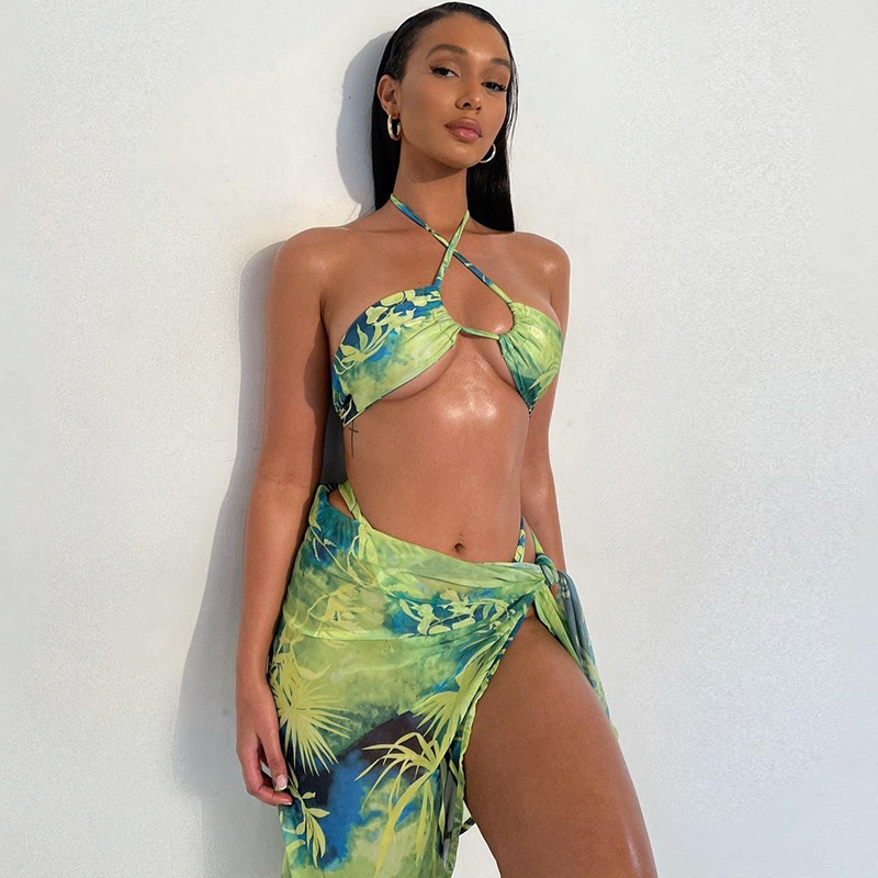 2022 Sexy Green Print Swimsuit 3 piece Mesh Bikini Set Triangle Micro Bikini String Halter Swimwear Women Low Waist Bathing Suit