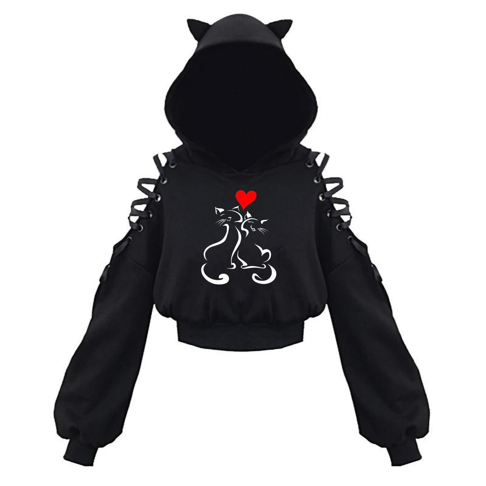 Hot Sale Women Cat Cosplay Hoodies Long Sleeve Cute Ear Cat Off Shoulder Crop Top Pullover Sweatshirt