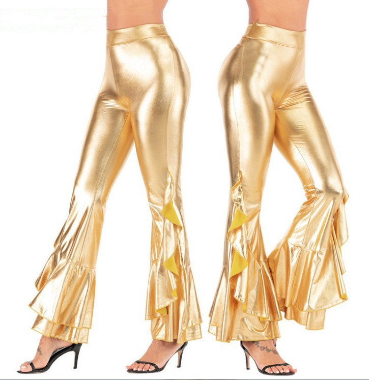 King Mcgreen Star Sexy PU Metallic Pants Shiny Holographic Flare Pants Women Girls Elastic Waist Bell Bottom Trousers Clubwear