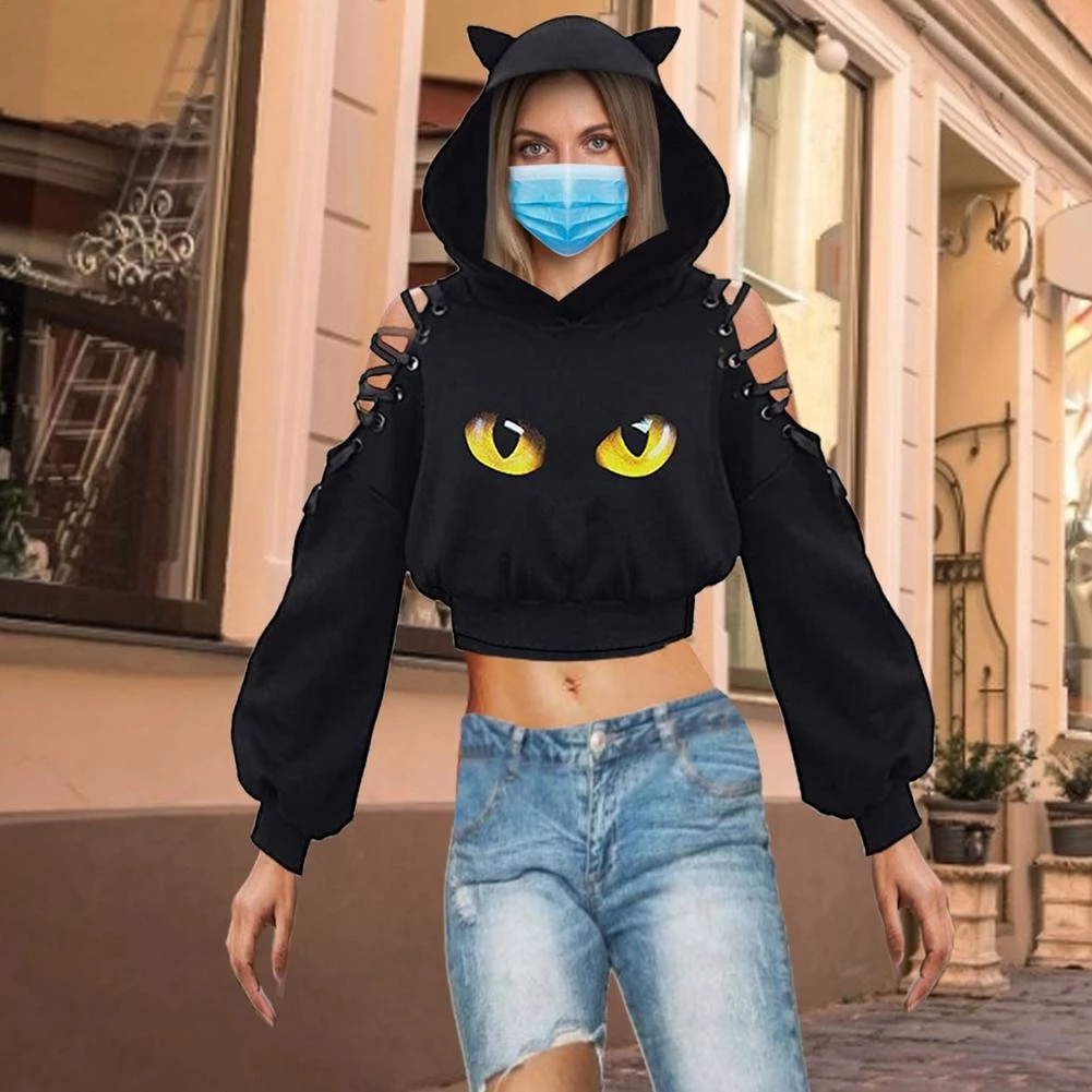 Hot Sale Women Cat Cosplay Hoodies Long Sleeve Cute Ear Cat Off Shoulder Crop Top Pullover Sweatshirt