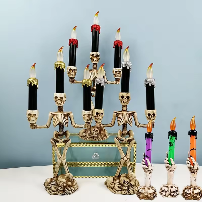 Ghost Festival Candlestick Skeleton Head Skeleton Candle Lamp Bar Secret Room Escape Terror LED Decoration Halloween Props