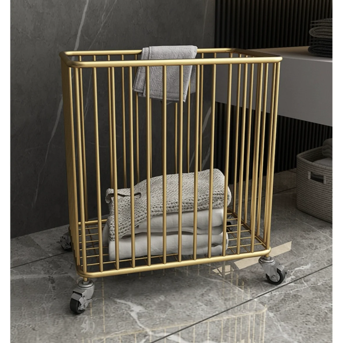 Home Luxury Gold Metal Toy Dirty Clothes Wire Storage Basket With Wheels