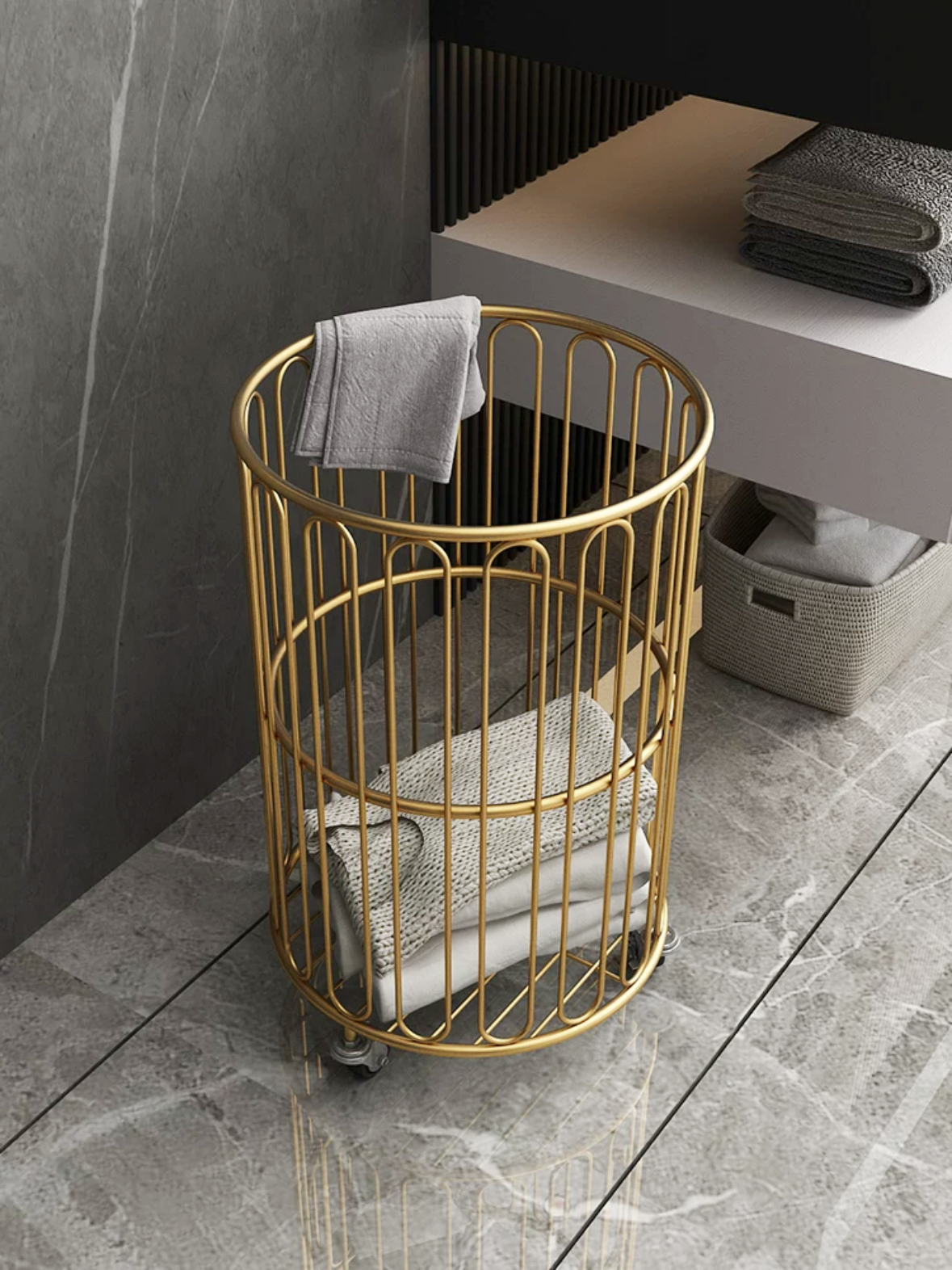 Home Luxury Gold Metal Toy Dirty Clothes Wire Storage Basket With Wheels