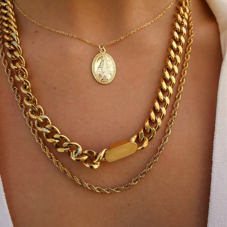 Punk Chunky Twisted Miami Cuban Chain Chocker Stainless Steel 18K Gold Plated Snake Rope Chain Short Necklace Men Women