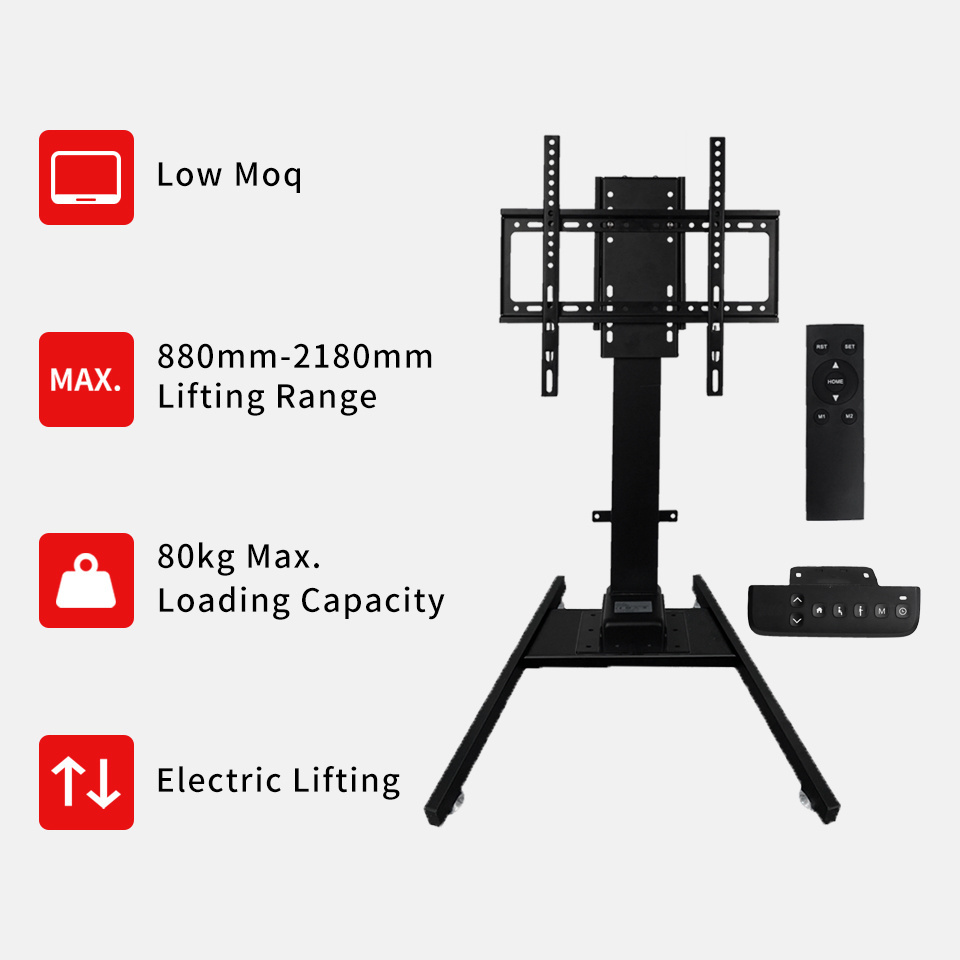 Mobile Motorized Height Adjustable TV Floor Stand Tripod Modern Living Room Furniture Latest Design Black Simple Portable