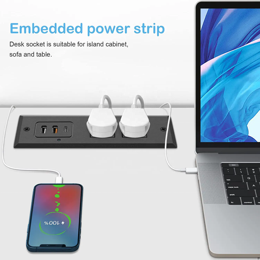 Recessed Power Strip With 20W USB C Port, Fast Charging USB A Port Desk Outlet, Furniture Hidden Charging Station For Side Table