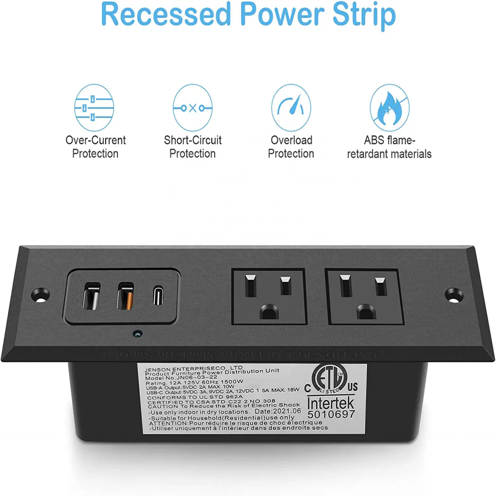 Recessed Power Strip With 20W USB C Port, Fast Charging USB A Port Desk Outlet, Furniture Hidden Charging Station For Side Table