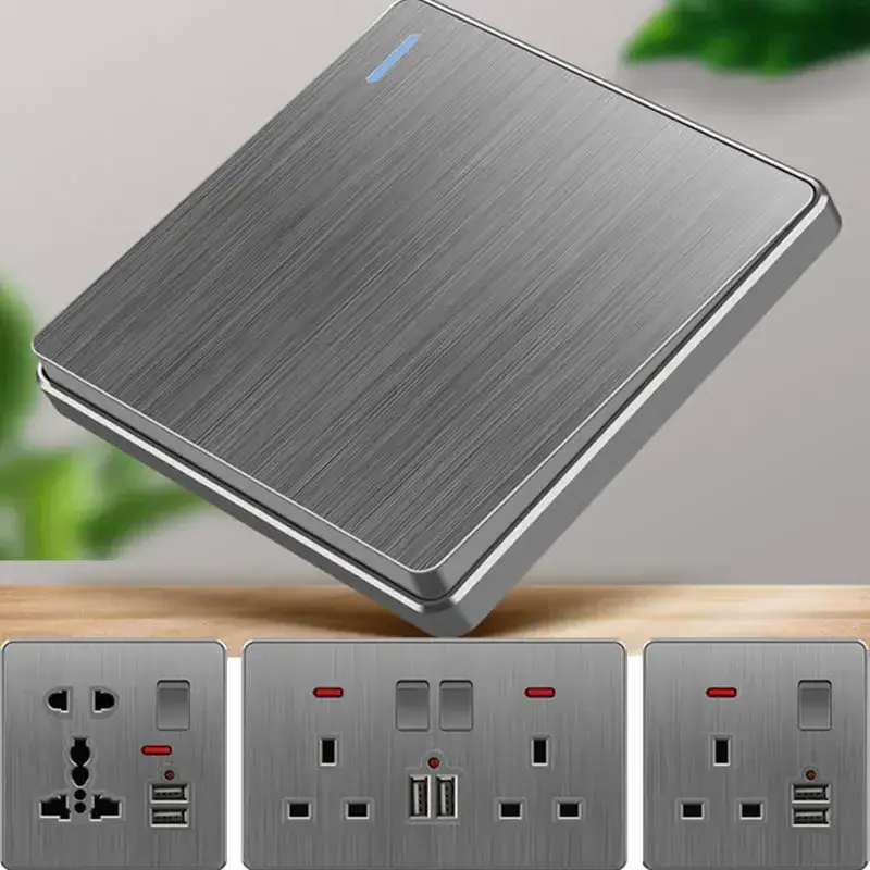 Brushed Grey Modern Universal Switches And Sockets, PC UK 13A Wall Light Switches, Electrical Kitchen Wall Sockets