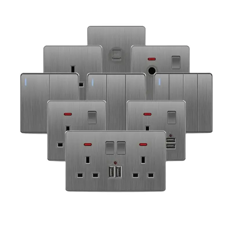 Brushed Grey Modern Universal Switches And Sockets, PC UK 13A Wall Light Switches, Electrical Kitchen Wall Sockets