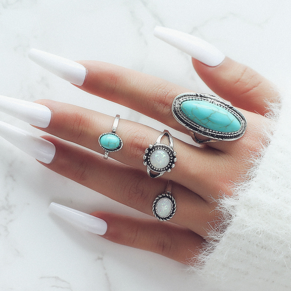 Bohemian Silver Statement Knuckle Carved Rings Set Oval Green Turquoise Finger Ring for Women