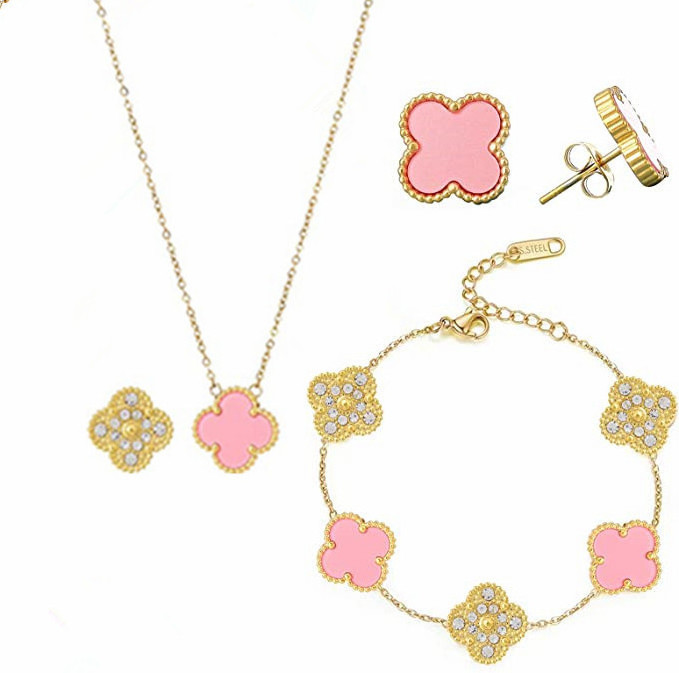 Customized Luxury Jewelry Gold Plated Stainless Steel Necklace and Earrings Set Lucky Four Leaf Clover Jewelry Set  Gift