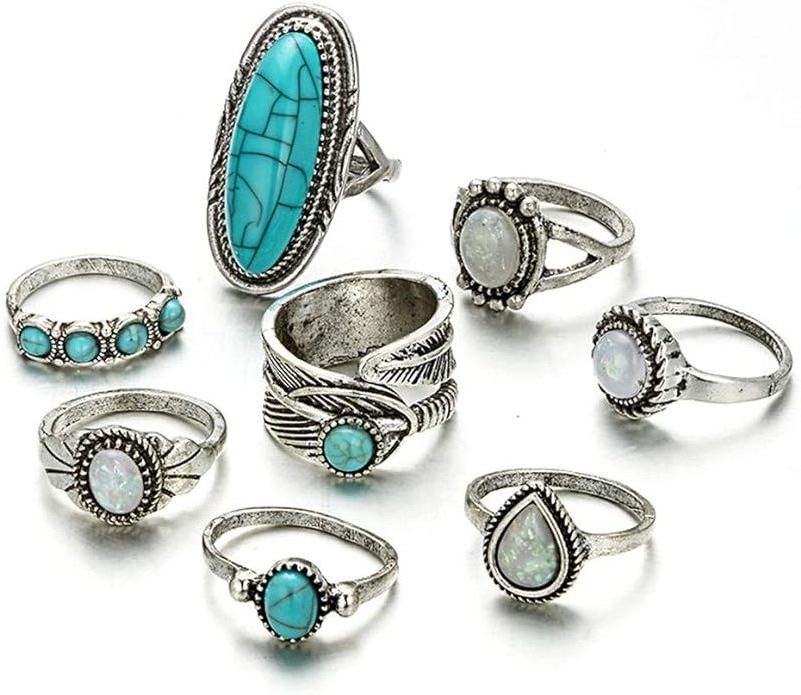 Bohemian Silver Statement Knuckle Carved Rings Set Oval Green Turquoise Finger Ring for Women