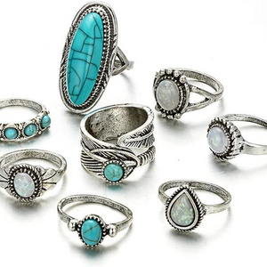 Bohemian Silver Statement Knuckle Carved Rings Set Oval Green Turquoise Finger Ring for Women