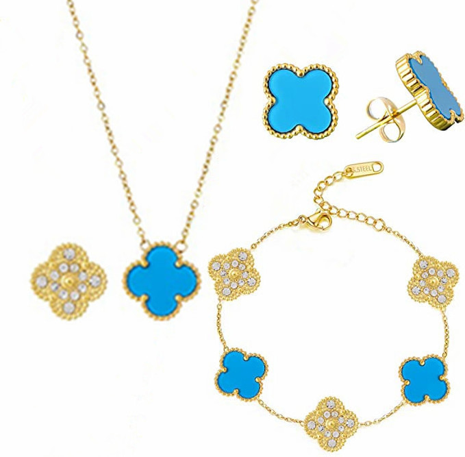 Customized Luxury Jewelry Gold Plated Stainless Steel Necklace and Earrings Set Lucky Four Leaf Clover Jewelry Set  Gift