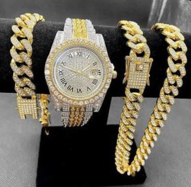 Full Iced Out Watch man Fashion Cuban Chain Bracelet set with Necklace Jewelry sets for Men Gold Bling Hip Hop Men Watch Set