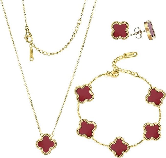 Lucky Four Leaf Clover Jewelry Set 18k Gold Plated Stainless Steel Necklace and Earrings Set Gift for Women and Girls