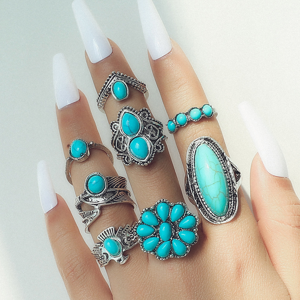 Bohemian Silver Statement Knuckle Carved Rings Set Oval Green Turquoise Finger Ring for Women