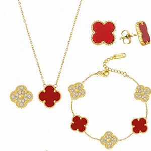 Customized Luxury Jewelry Gold Plated Stainless Steel Necklace and Earrings Set Lucky Four Leaf Clover Jewelry Set  Gift