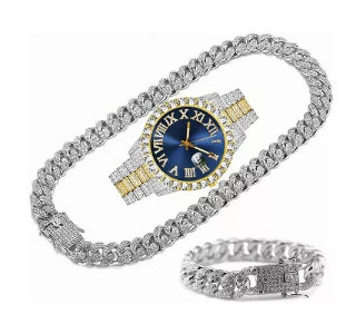 Full Iced Out Watch man Fashion Cuban Chain Bracelet set with Necklace Jewelry sets for Men Gold Bling Hip Hop Men Watch Set