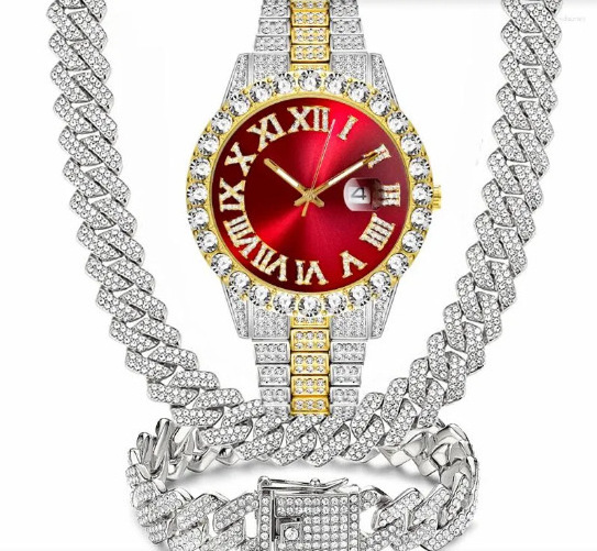 Full Iced Out Watch man Fashion Cuban Chain Bracelet set with Necklace Jewelry sets for Men Gold Bling Hip Hop Men Watch Set