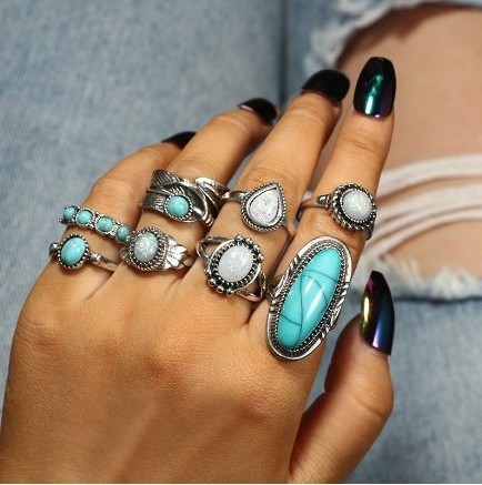 Bohemian Silver Statement Knuckle Carved Rings Set Oval Green Turquoise Finger Ring for Women