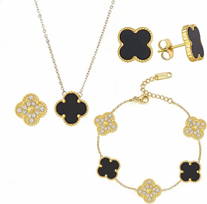 Customized Luxury Jewelry Gold Plated Stainless Steel Necklace and Earrings Set Lucky Four Leaf Clover Jewelry Set  Gift