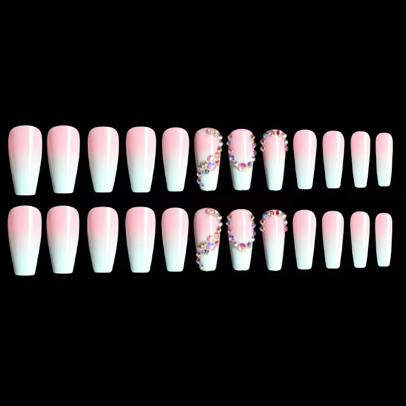 2024 Wholesales Press on Nail Tips Vendor False Acrylic Nails 3D Rhinestone Pink White Gradual False Nail Tips