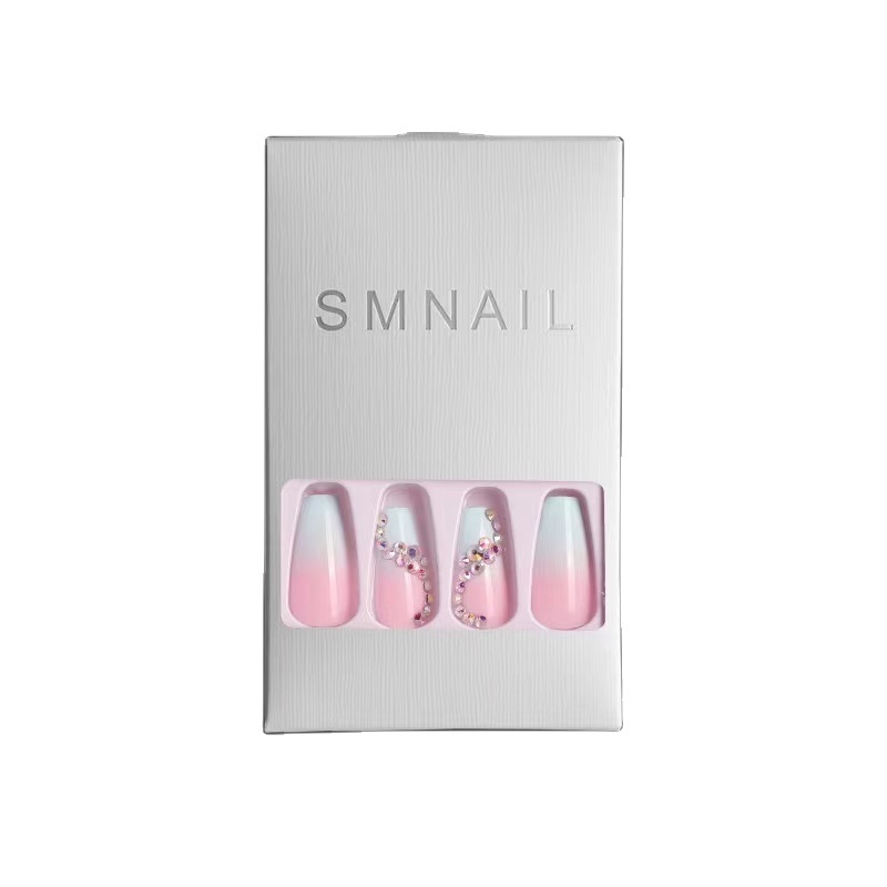 2024 Wholesales Press on Nail Tips Vendor False Acrylic Nails 3D Rhinestone Pink White Gradual False Nail Tips