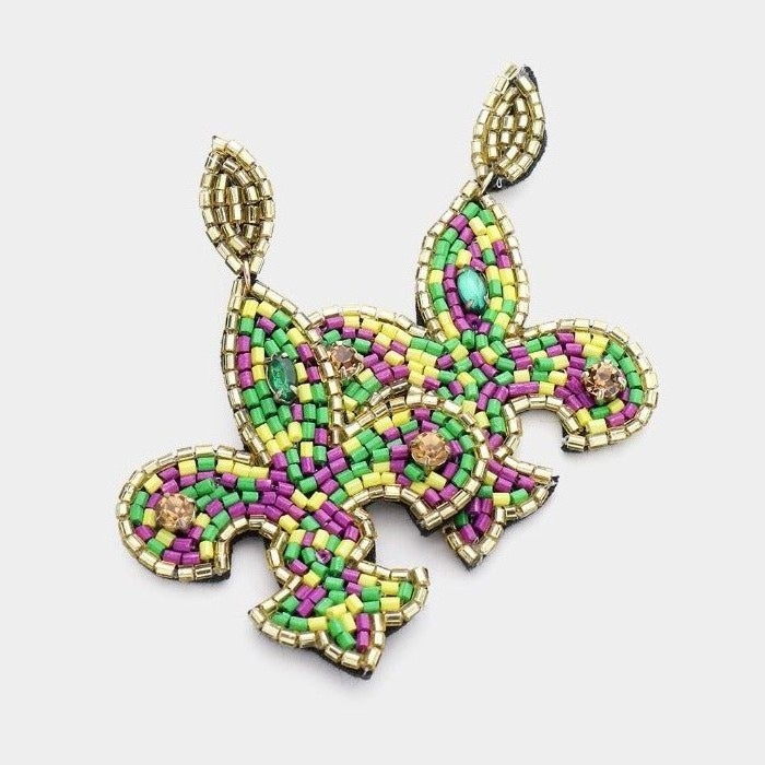 mardi gras fleur de lis beaded earrings