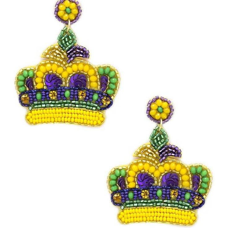 mardi gras triple crown earrings seed bead mardi gras earrings fun party  from india handmade earrings for women and girls