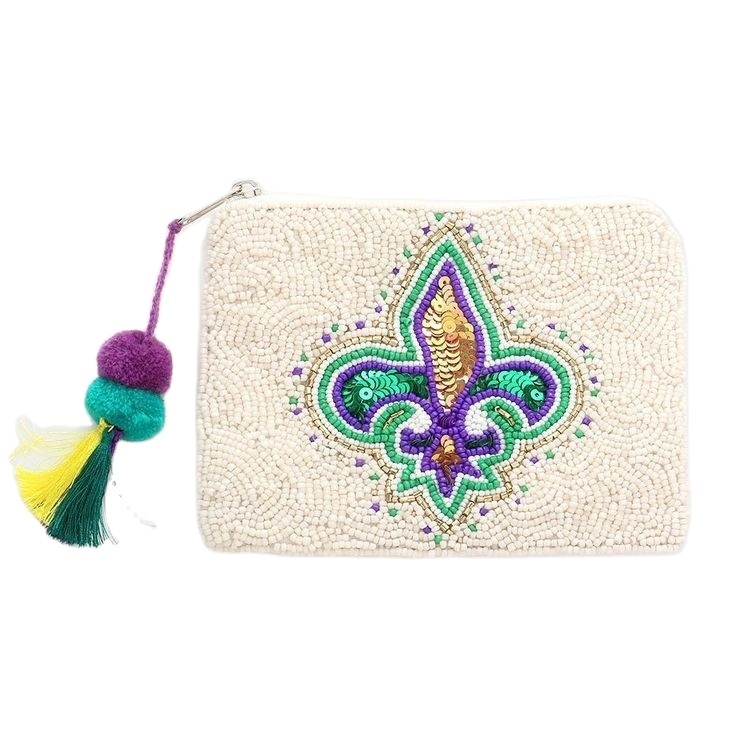 Fleur de lis mardi gras beaded zip pouch