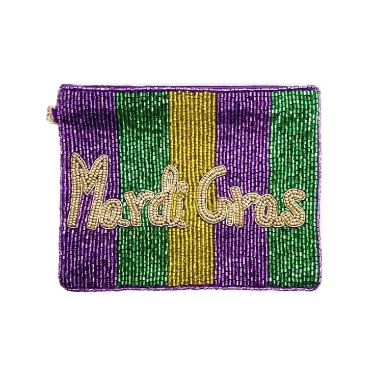 MARDI GRAS mini bag seed bead sequin fleur de lis pom pom tassel mini coin pouch