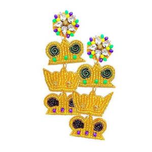 mardi gras triple crown earrings seed bead mardi gras earrings fun party  from india handmade earrings for women and girls