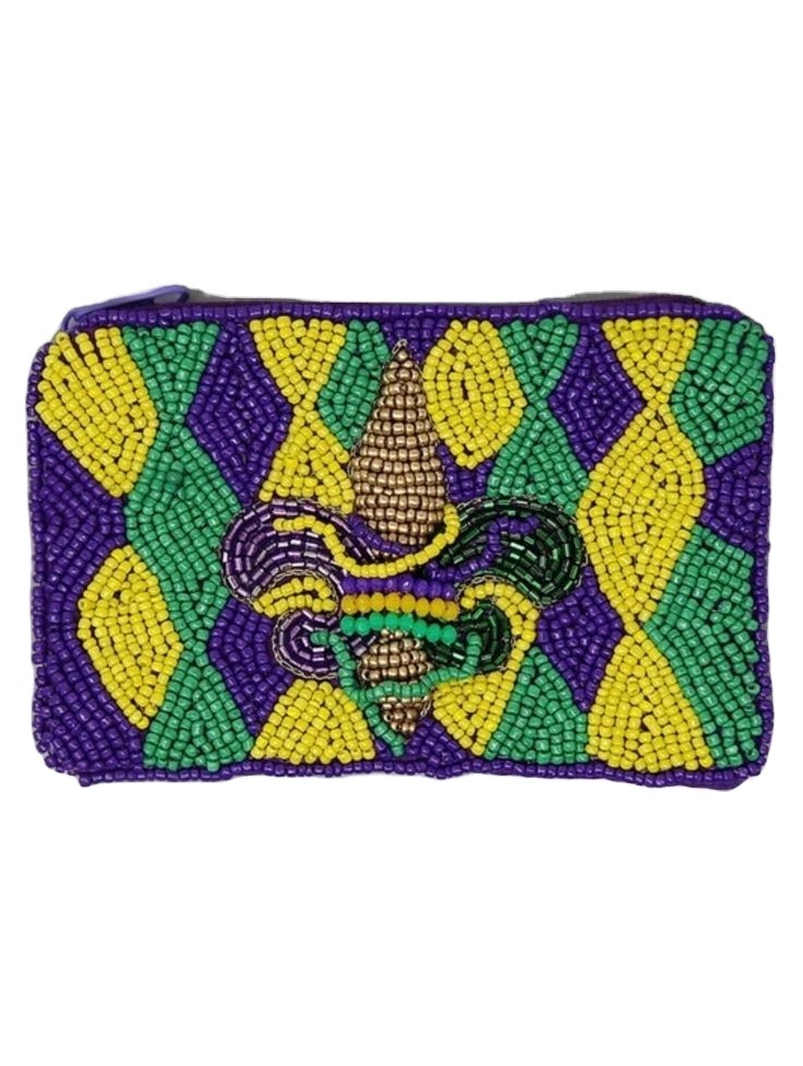 MARDI GRAS mini bag seed bead sequin fleur de lis pom pom tassel mini coin pouch